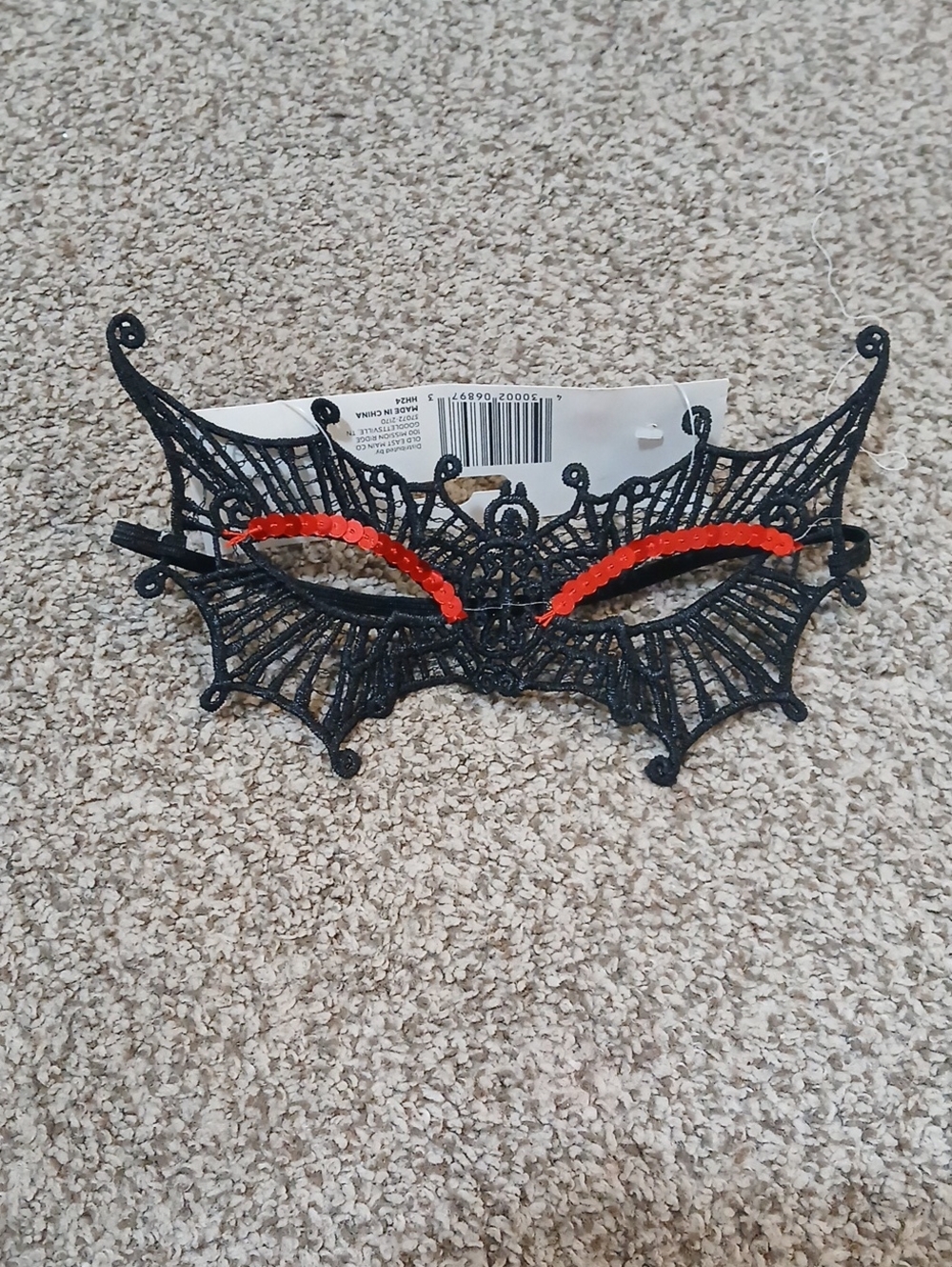 Lace Batwing Eye Mask with Red Sequin Accents